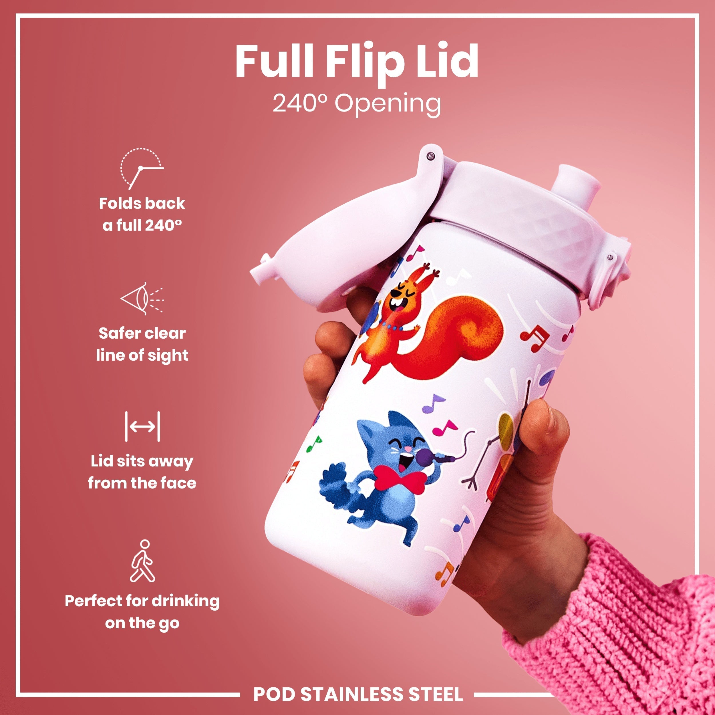 Leak Proof Kids Water Bottle, Stainless Steel, Animal Band, 400ml (13oz)