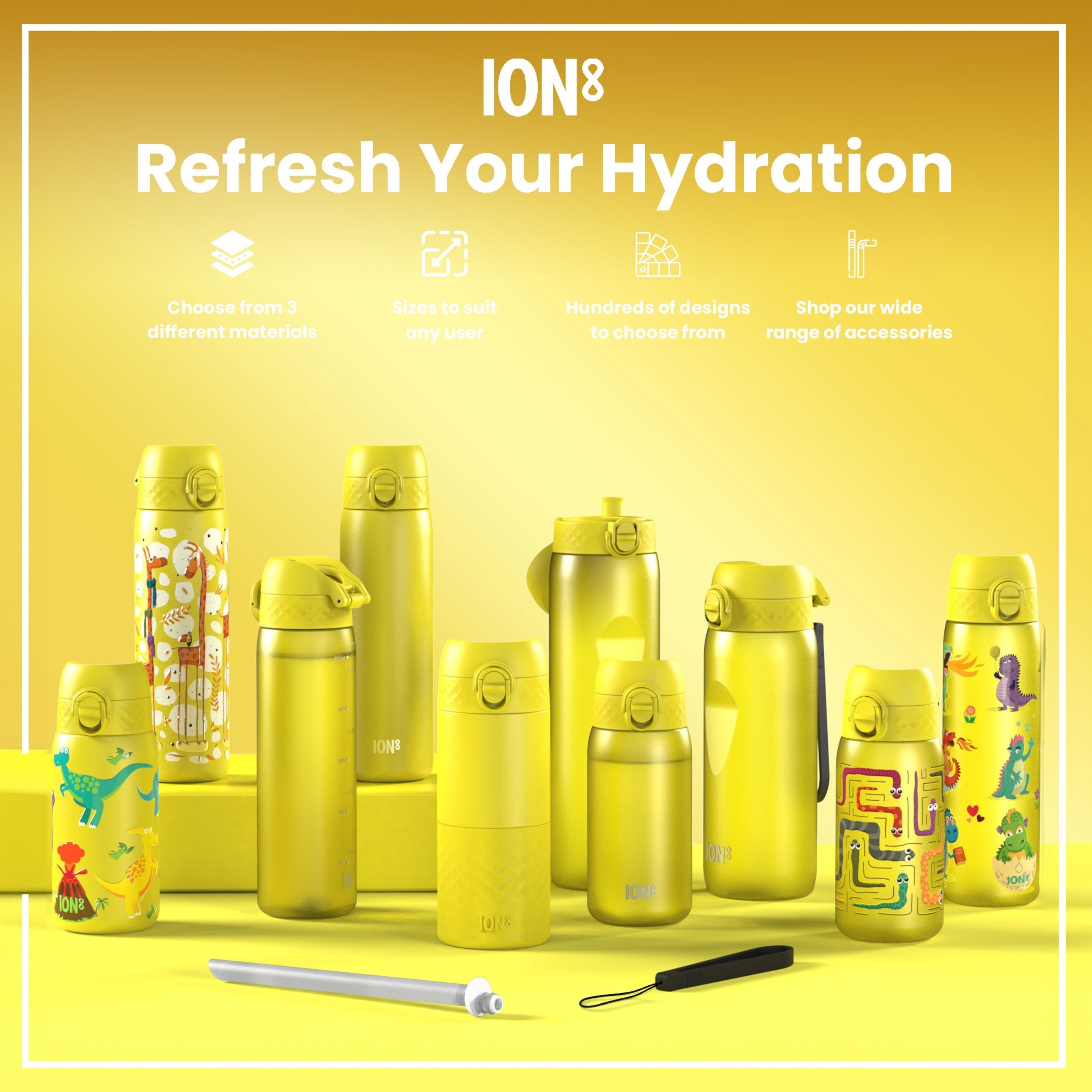 Leak Proof Kids Water Bottle, Stainless Steel, Yellow Unicorns, 400ml (13oz)