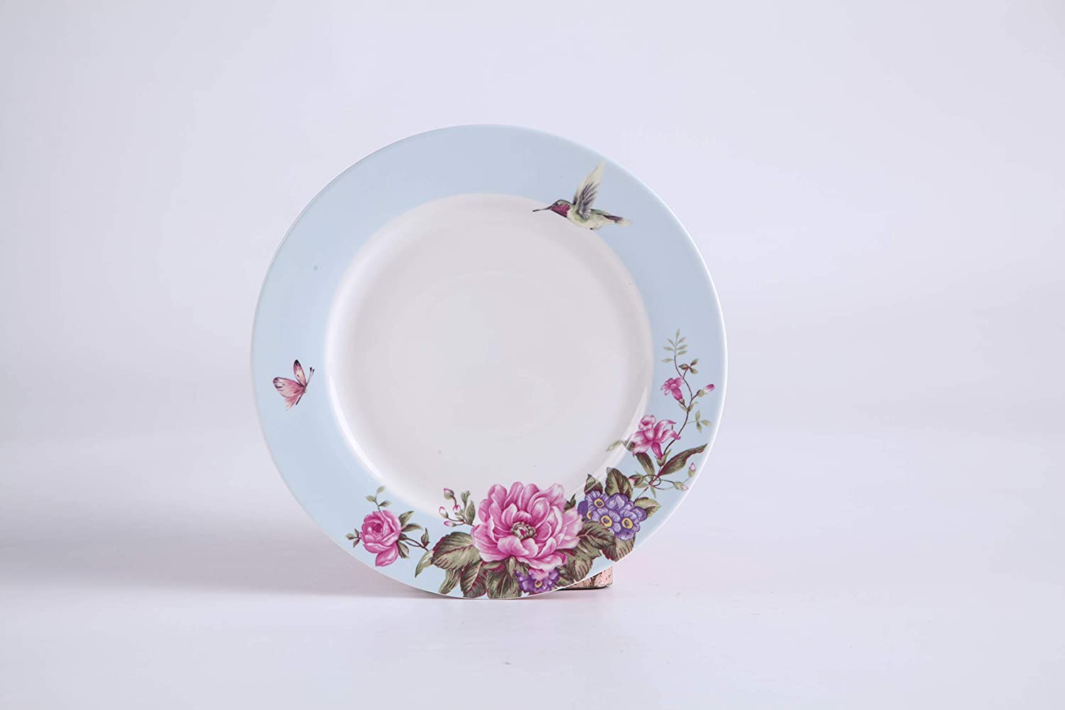 Coffee Tea Cup and Saucer 7.5" Dessert Plate Set 3 Shabby Chic Vintage Porcelain Bird Butterfly Floral Gift Box (Blue)