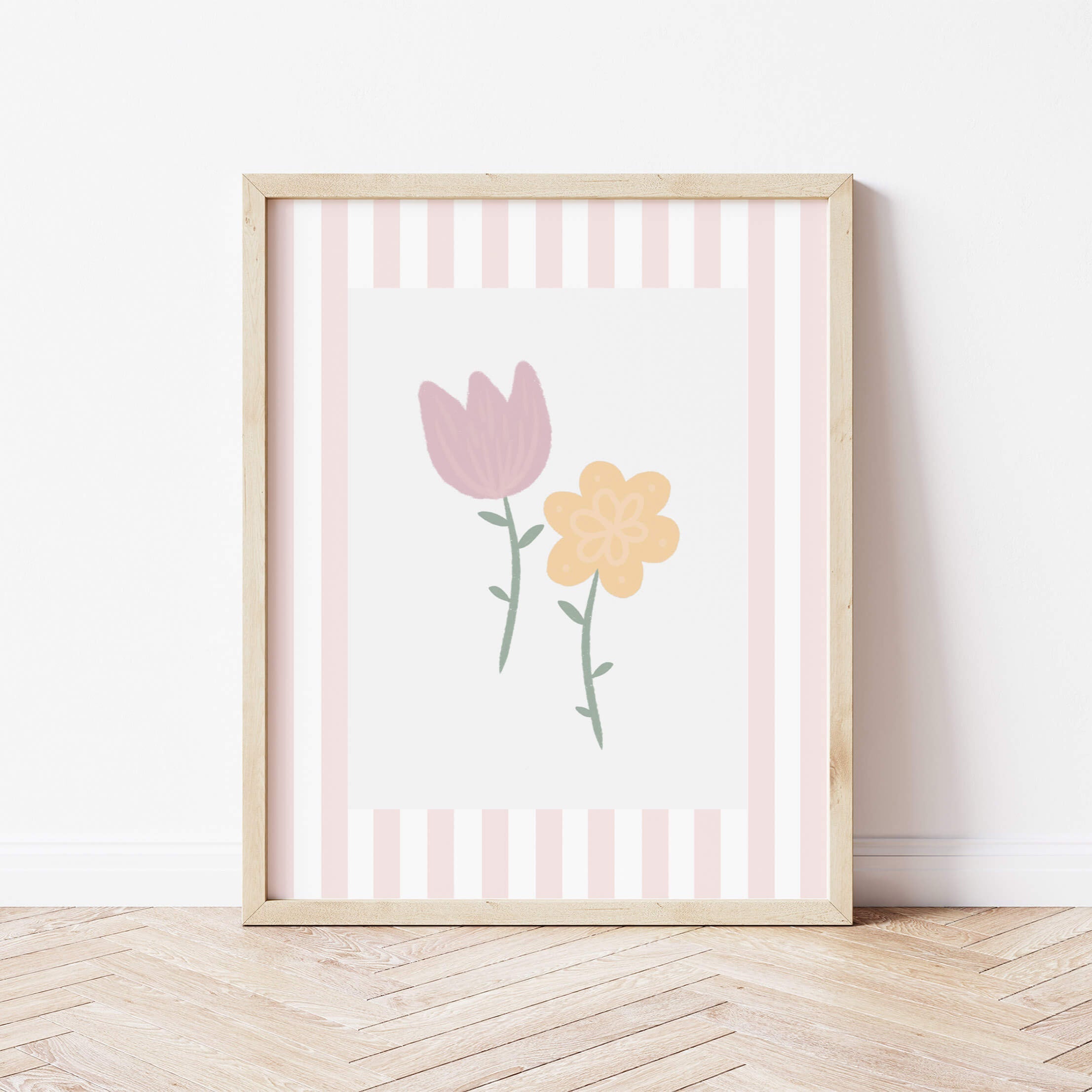Flowers Print - Pale Pink Stripes