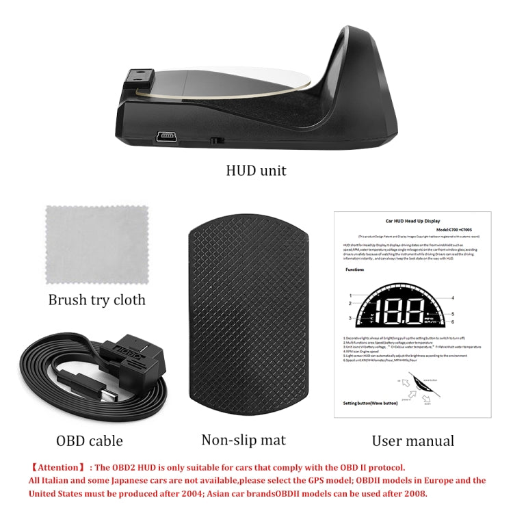 C700 2.6 inch Universal Car OBD2 HUD Vehicle-mounted Head Up Display, C700