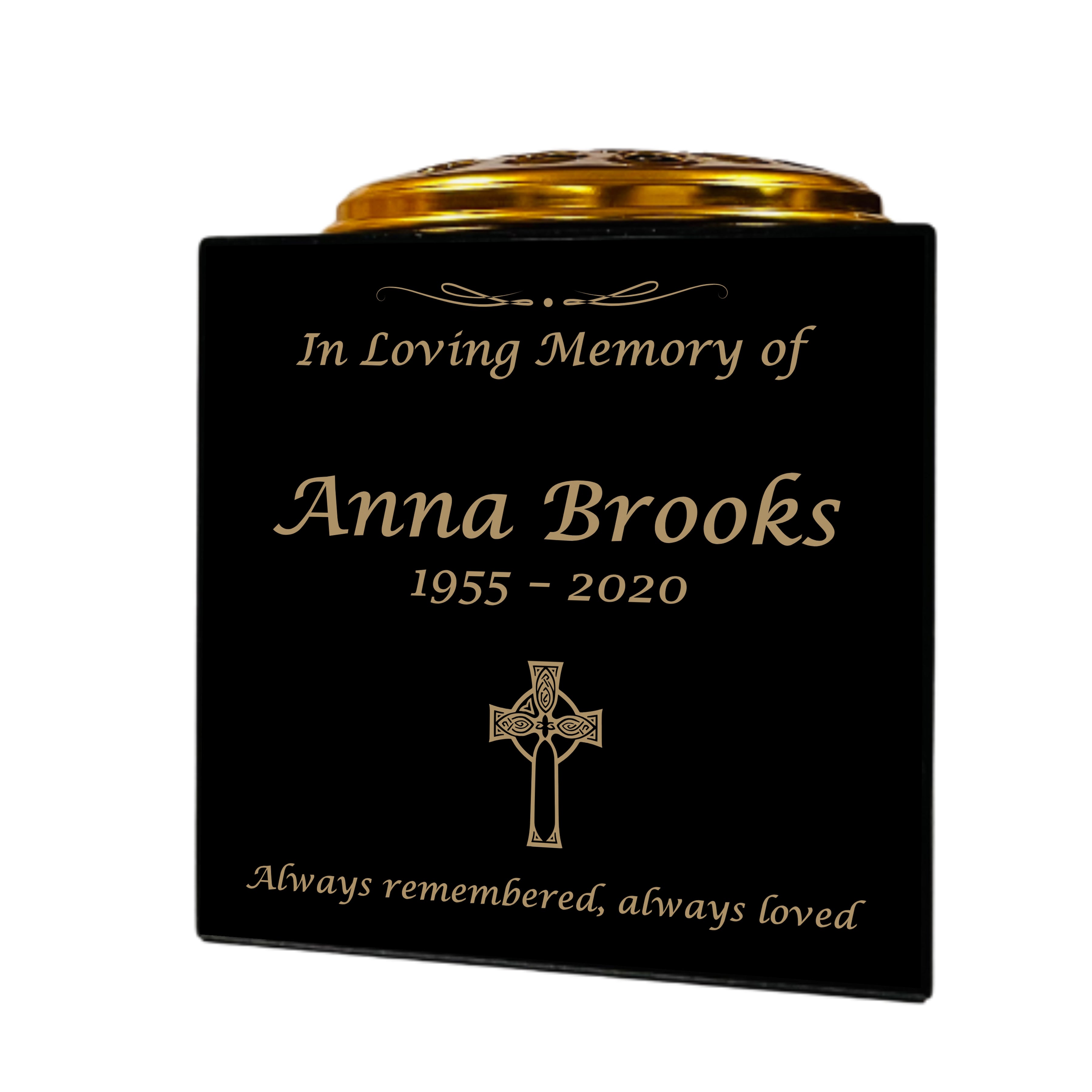 Granite Memorial Vase- Solid Granite – Free Personalised Gold Engraving, Celtic Cross – Includes Metal Flower Pot Insert