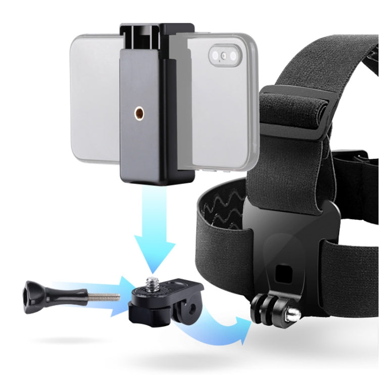 Adjustable Head Strap with Phone Clamp & Mounts for GoPro, Xiaoyi & Action Cameras (Black)