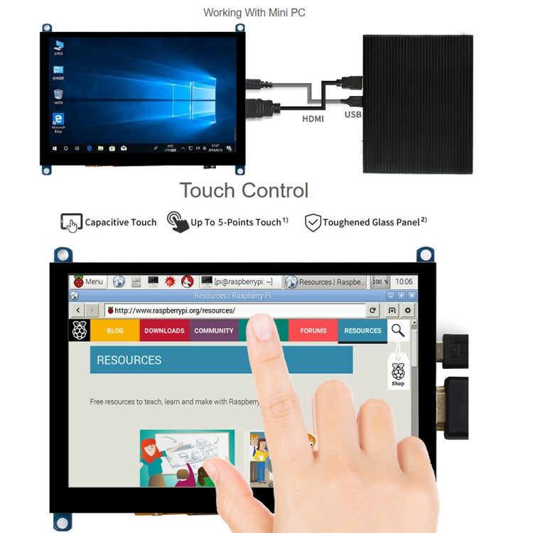 Waveshare 5 inch Slimmed-down Version 800 x 480 Toughened Glass Panel Capacitive Touch Screen LCD (H), 5 inch