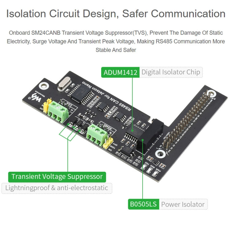 Waveshare RS485 CAN Expansion Board for Jetson Nano, Digital Isolation, Built-In Protection Circuit