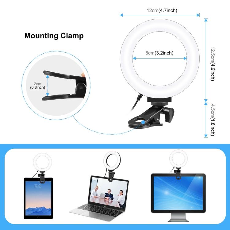 PULUZ 4.7 inch 12cm Ring Selfie Light 3 Modes USB Dimmable Dual Color Temperature LED Curved Vlogging Photography Video Lights with Monitor Clip Holder, 4.7 inch 12cm