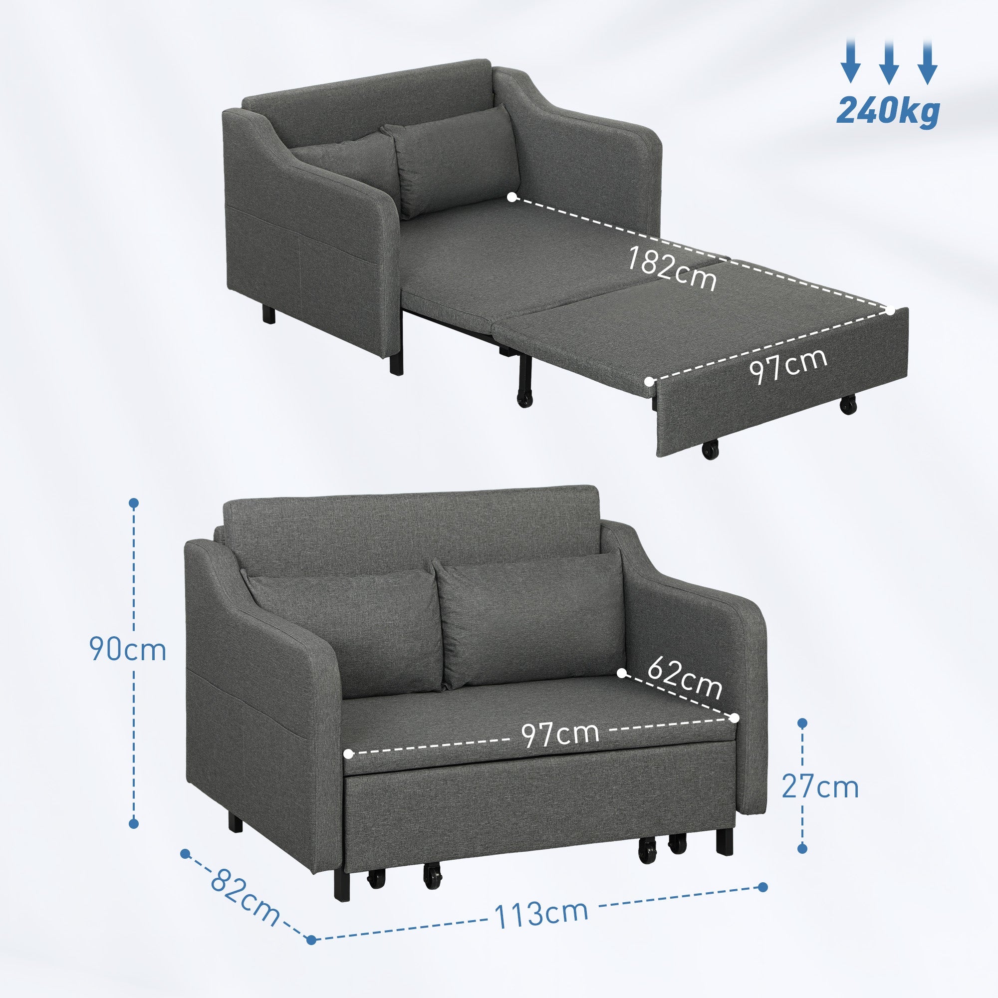 HOMCOM Pull Out Sofa Bed, Fabric 2 Seater Sofa Couch for Living Room, Grey