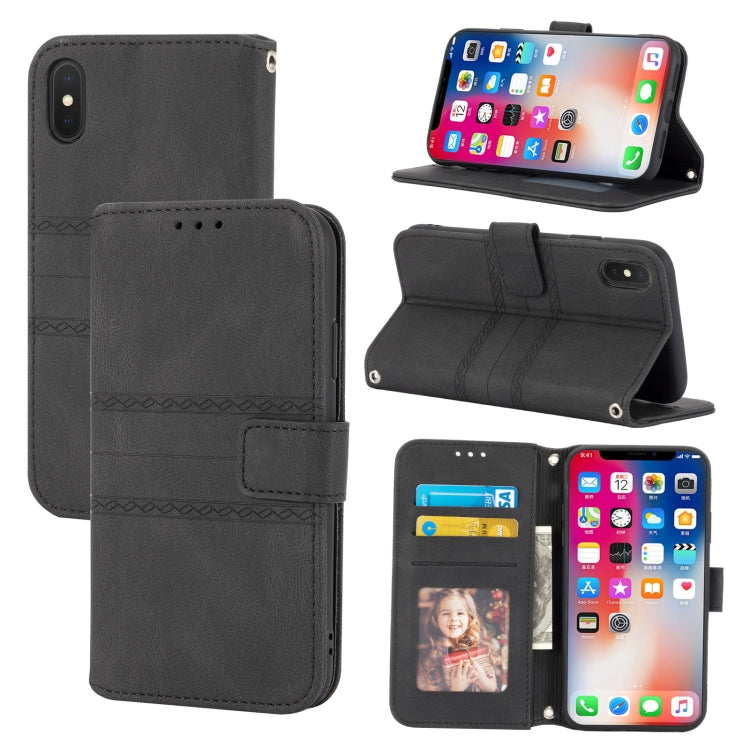 Embossed Striped Magnetic Buckle PU + TPU Horizontal Flip Leather Case with Holder & Card Slot & Wallet & Photo Frame & Sling, For iPhone 11 Pro Max, For iPhone XS / X, For iPhone XS Max, For iPhone XR