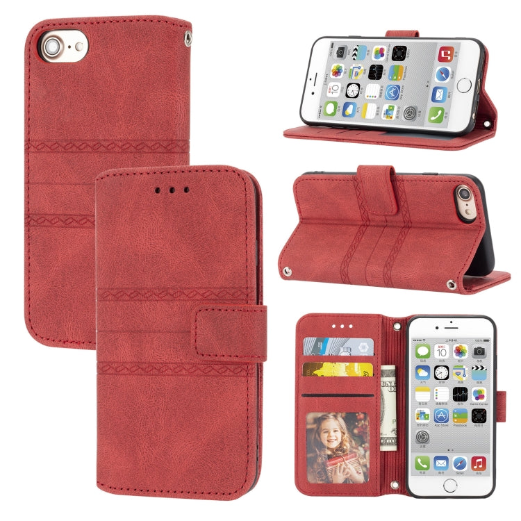 Embossed Striped Magnetic Buckle PU + TPU Horizontal Flip Leather Case with Holder & Card Slot & Wallet & Photo Frame & Sling, For iPhone 8 / 7 / 6, For iPhone 8 Plus / 7 Plus / 6 Plus
