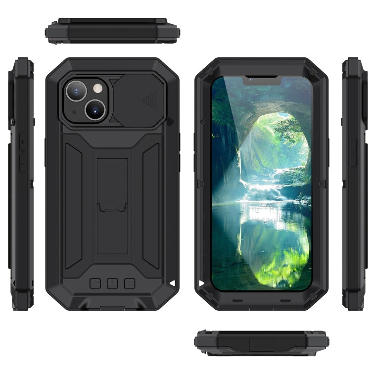 For iPhone 13 R-JUST Sliding Camera Shockproof Life Waterproof Dust-proof Metal + Silicone Protective Case with Holder(Black)