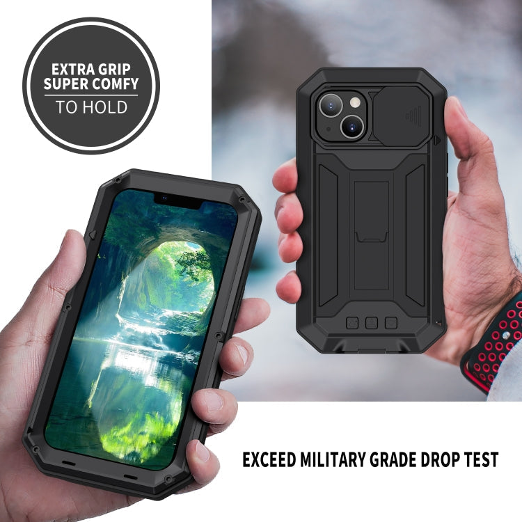 For iPhone 13 R-JUST Sliding Camera Shockproof Life Waterproof Dust-proof Metal + Silicone Protective Case with Holder(Black)