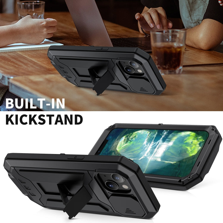 For iPhone 13 R-JUST Sliding Camera Shockproof Life Waterproof Dust-proof Metal + Silicone Protective Case with Holder(Black)