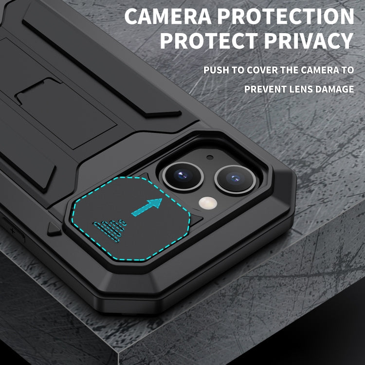 For iPhone 13 R-JUST Sliding Camera Shockproof Life Waterproof Dust-proof Metal + Silicone Protective Case with Holder(Black)