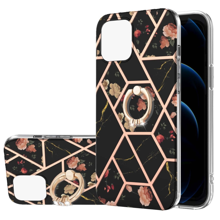 Electroplating Splicing Marble Flower Pattern TPU Shockproof Case with Rhinestone Ring Holder, For iPhone 13 mini, For iPhone 13, For iPhone 13 Pro, For iPhone 13 Pro Max, For iPhone 12 mini, For iPhone 12 / 12 Pro