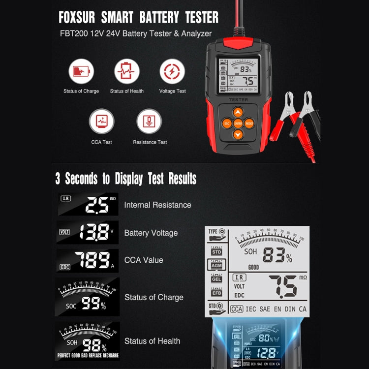 FOXSUR FBT200 12V / 24V Car Battery Tester, FBT200