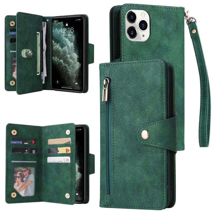 Rivet Buckle 9 Cards Three Fold Leather Phone Case, For iPhone X/XS, For iPhone XR, For iPhone XS Max, For iPhone 11 Pro Max