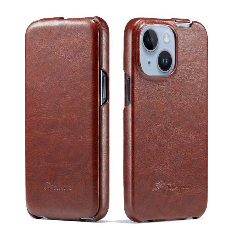 Fierre Shann Oil Wax Texture Vertical Flip PU Phone Case, For iPhone 14, For iPhone 14 Plus, For iPhone 14 Pro, For iPhone 14 Pro Max