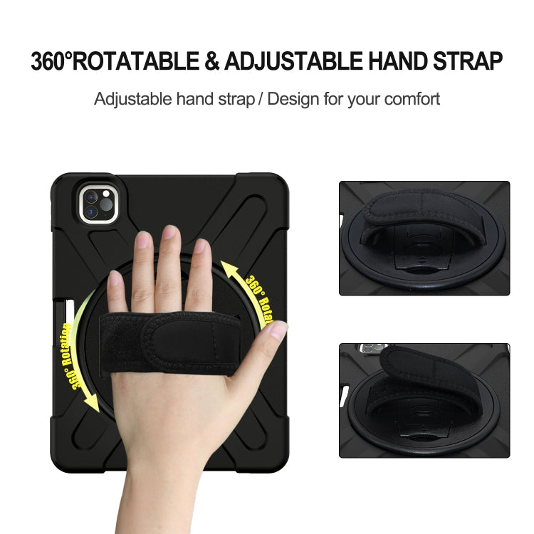 For iPad Pro 12.9 2020 / 2018 360 Degree Rotation Silicone Protective Cover with Holder & Hand Strap & Long Strap & Pencil Slot(Black)