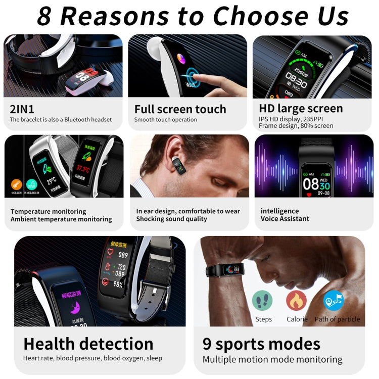 K60 1.08 inch Steel Band Earphone Detachable Life Waterproof Smart Watch Support Bluetooth Call, Steel Band (Black)