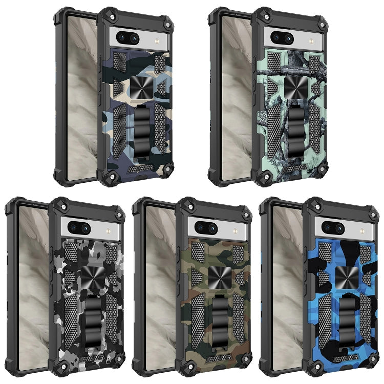 For Google Pixel 7a Camouflage Armor Kickstand TPU  PC Magnetic Phone Case(Blue)