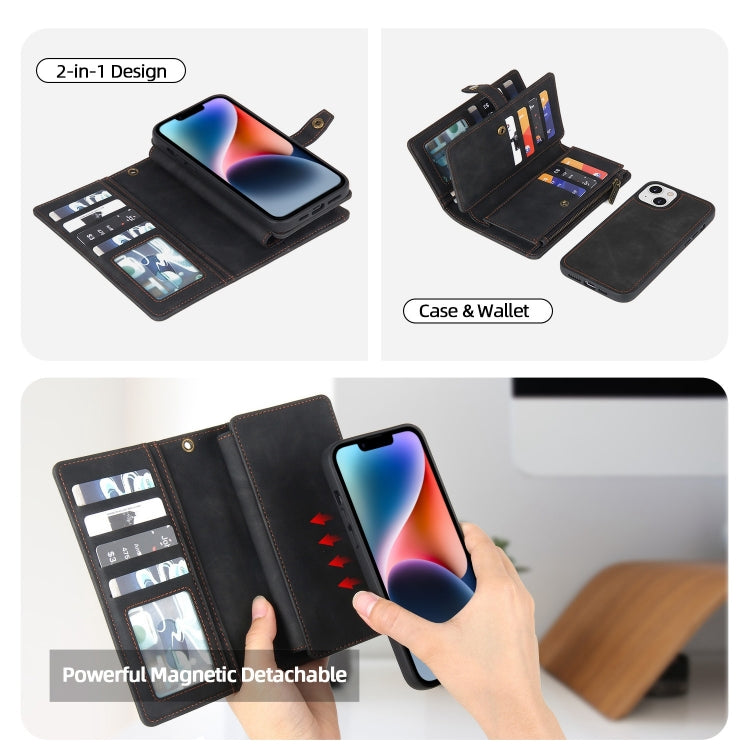 For iPhone 14 Zipper Wallet Magnetic Detachable Leather Phone Case(Black)