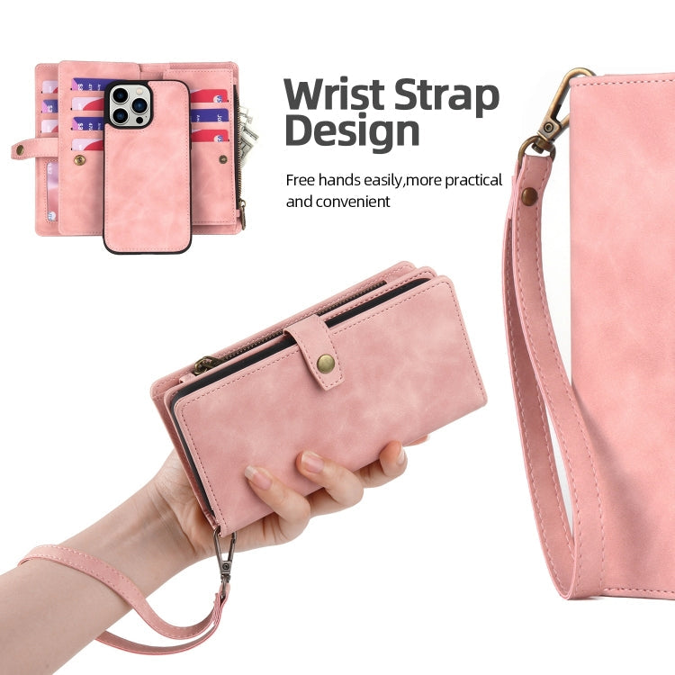 For iPhone 14 Pro Zipper Wallet Magnetic Detachable Leather Phone Case(Pink)