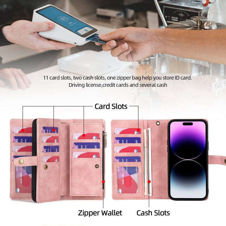 For iPhone 14 Pro Zipper Wallet Magnetic Detachable Leather Phone Case(Pink)