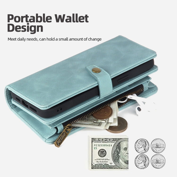 For iPhone 14 Pro Zipper Wallet Magnetic Detachable Leather Phone Case(Blue)