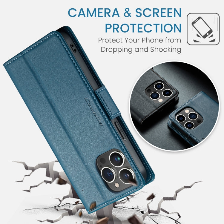 For iPhone 13 Pro CaseMe 023 Butterfly Buckle Litchi Texture RFID Anti-theft Leather Phone Case(Blue)