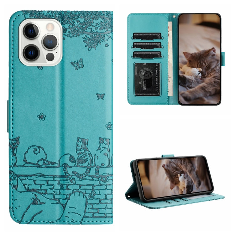 Cat Embossing Pattern Leather Phone Case with Lanyard, For iPhone 13, For iPhone 13 mini, For iPhone 12, For iPhone 12 Pro Max