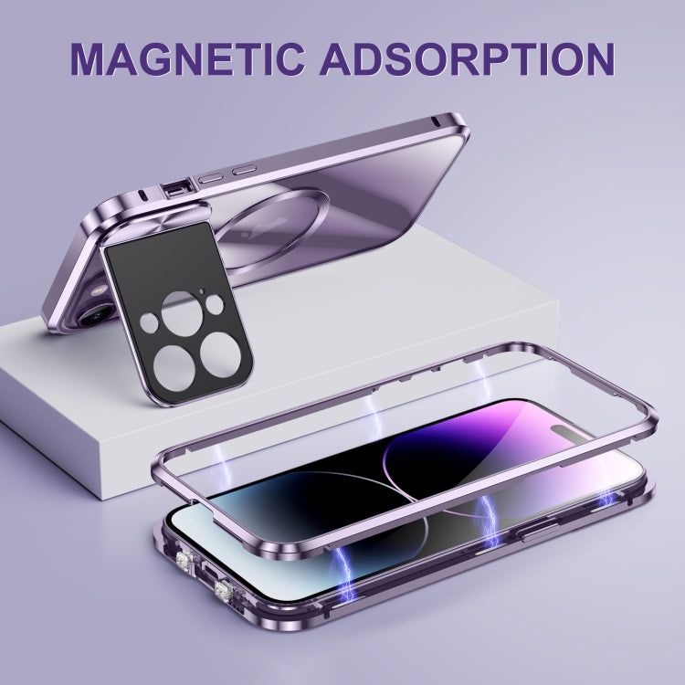 For iPhone 14 Pro Max Large Window Holder MagSafe Magnetic Metal Phone Case(Purple)