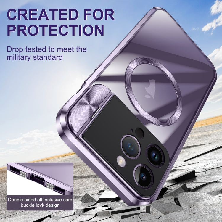 For iPhone 14 Pro Max Large Window Holder MagSafe Magnetic Metal Phone Case(Purple)