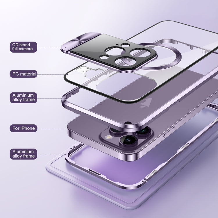 For iPhone 14 Pro Max Large Window Holder MagSafe Magnetic Metal Phone Case(Purple)