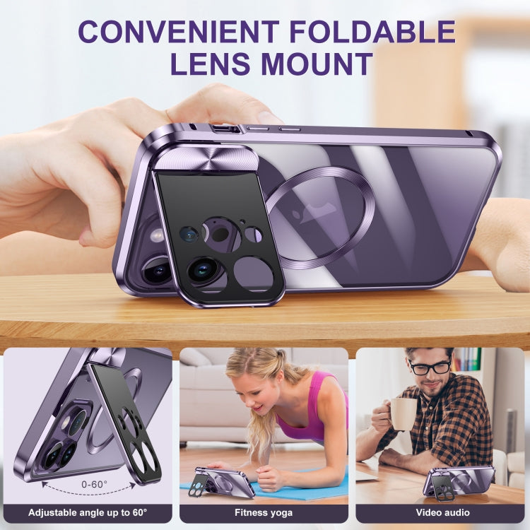 For iPhone 14 Pro Max Large Window Holder MagSafe Magnetic Metal Phone Case(Purple)