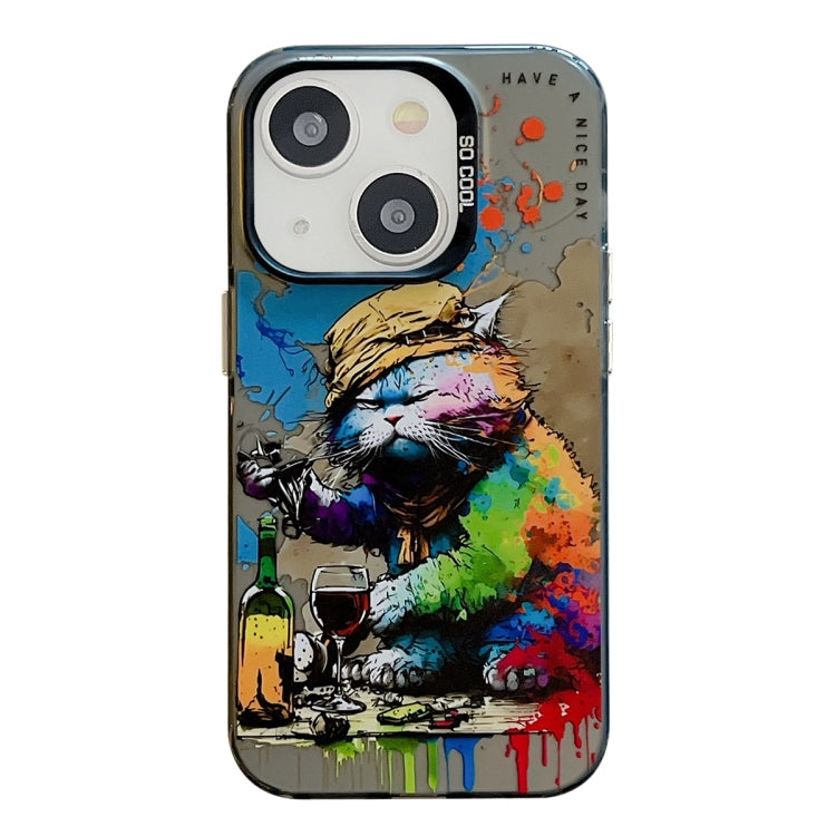 For iPhone 14 Animal Pattern Oil Painting Series PC  TPU Phone Case(Drinking Cat)