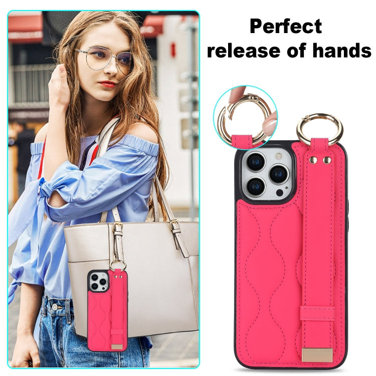 For iPhone 13 Pro Non-slip Full Coverage Ring PU Phone Case with Wristband(Rose Red)