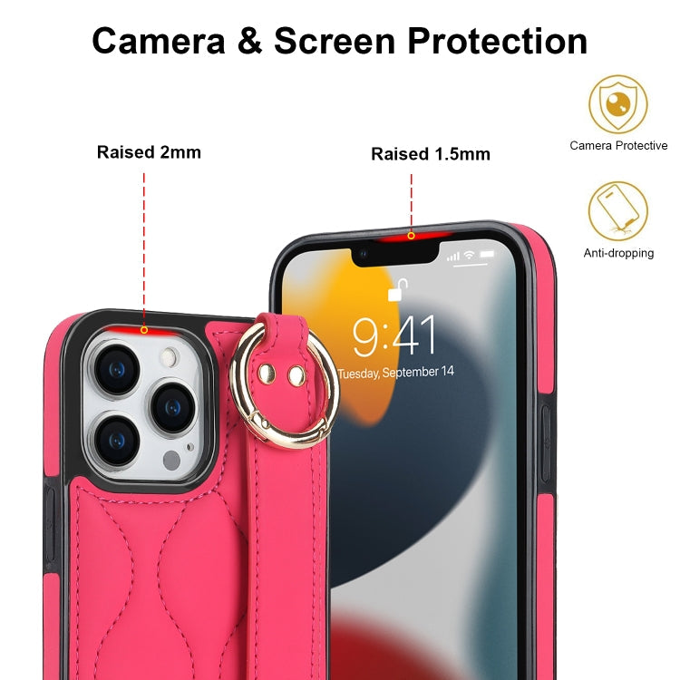 For iPhone 13 Pro Non-slip Full Coverage Ring PU Phone Case with Wristband(Rose Red)