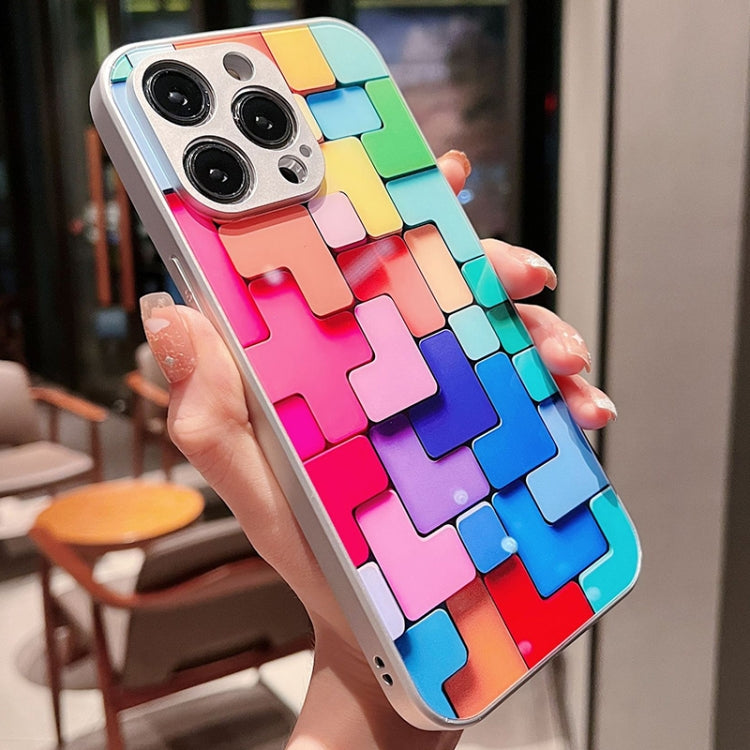 For iPhone 11 Pro Colorful Toy Bricks Pattern Shockproof Glass Phone Case(Silver)