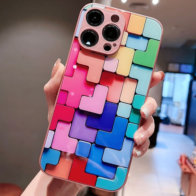 For iPhone 13 Colorful Toy Bricks Pattern Shockproof Glass Phone Case(Pink)