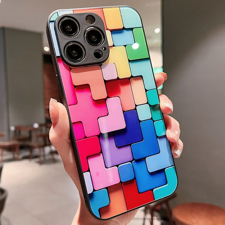 For iPhone 14 Pro Max Colorful Toy Bricks Pattern Shockproof Glass Phone Case(Black)