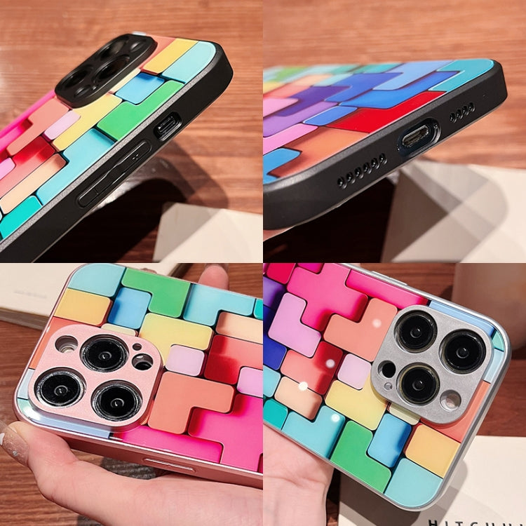 For iPhone 14 Pro Max Colorful Toy Bricks Pattern Shockproof Glass Phone Case(Black)