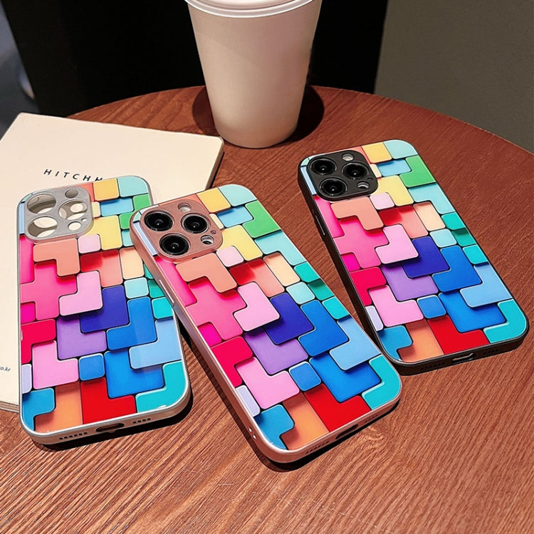 For iPhone 14 Pro Max Colorful Toy Bricks Pattern Shockproof Glass Phone Case(Black)