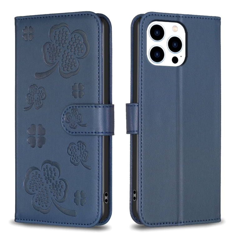 Four-leaf Embossed Leather Phone Case, For iPhone 15 Pro Max, For iPhone 15 Pro, For iPhone 15 Plus, For iPhone 15