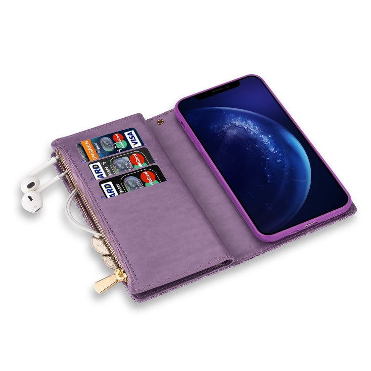 Multi-card Slots Starry Sky Laser Carving Glitter Zipper Horizontal Flip Leather Case with Holder & Wallet & Lanyard, For iPhone XR, For iPhone X / XS, For iPhone 8 Plus / 7 Plus, For iPhone SE 2022 / SE 2020 / 8 / 7