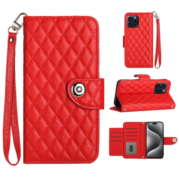 Rhombic Texture Flip Leather Phone Case with Lanyard, For iPhone 16, For iPhone 15 Pro Max, For iPhone 15 Pro, For iPhone 15 Plus