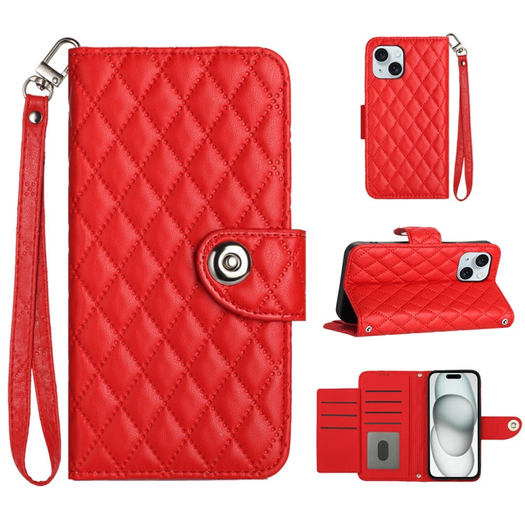 Rhombic Texture Flip Leather Phone Case with Lanyard, For iPhone 16, For iPhone 15 Pro Max, For iPhone 15 Pro, For iPhone 15 Plus