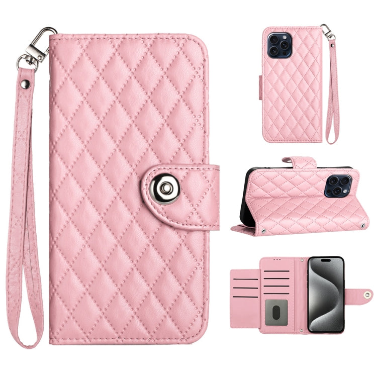 Rhombic Texture Flip Leather Phone Case with Lanyard, For iPhone 15, For iPhone 14 Plus, For iPhone 14, For iPhone 14 Pro