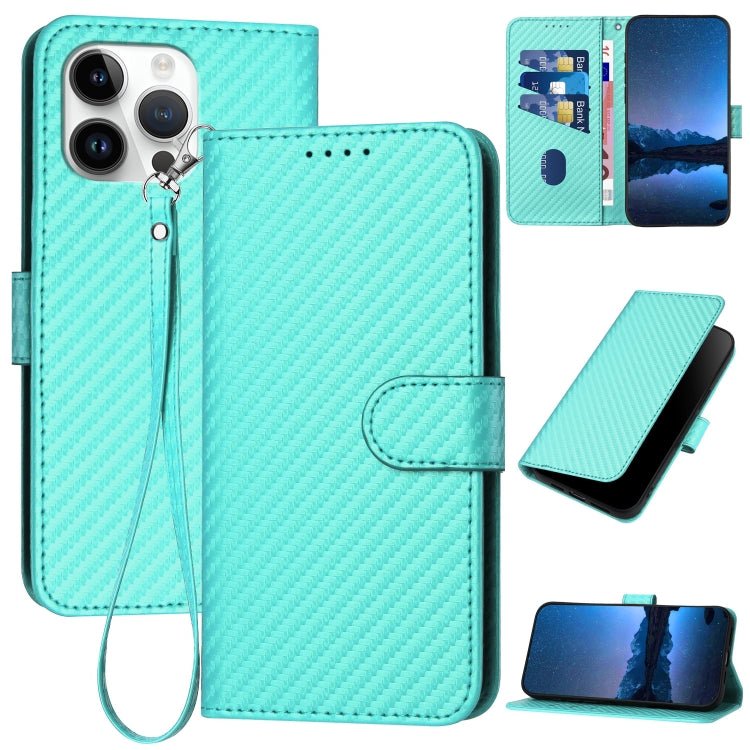 YX0070 Carbon Fiber Buckle Leather Phone Case with Lanyard, For iPhone 15 Pro Max, For iPhone 15 Pro, For iPhone 15 Plus