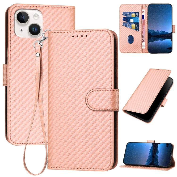 YX0070 Carbon Fiber Buckle Leather Phone Case with Lanyard, For iPhone 15, For iPhone 14 Plus, For iPhone 14