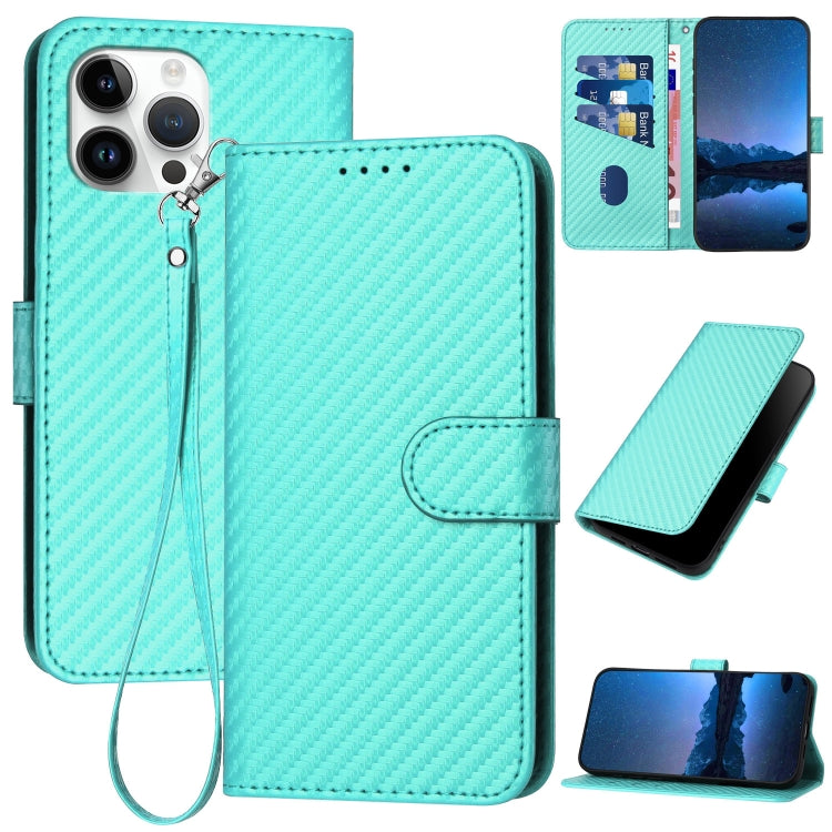 YX0070 Carbon Fiber Buckle Leather Phone Case with Lanyard, For iPhone 14 Pro, For iPhone 14 Pro Max, For iPhone SE 2022 / SE 2020 / 8 / 7